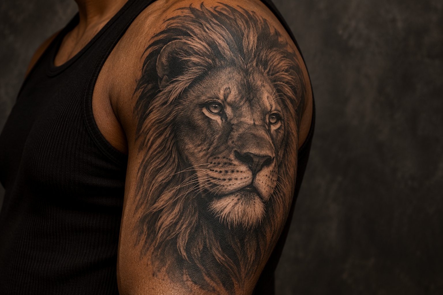 Illustrative black and grey lion tattoo