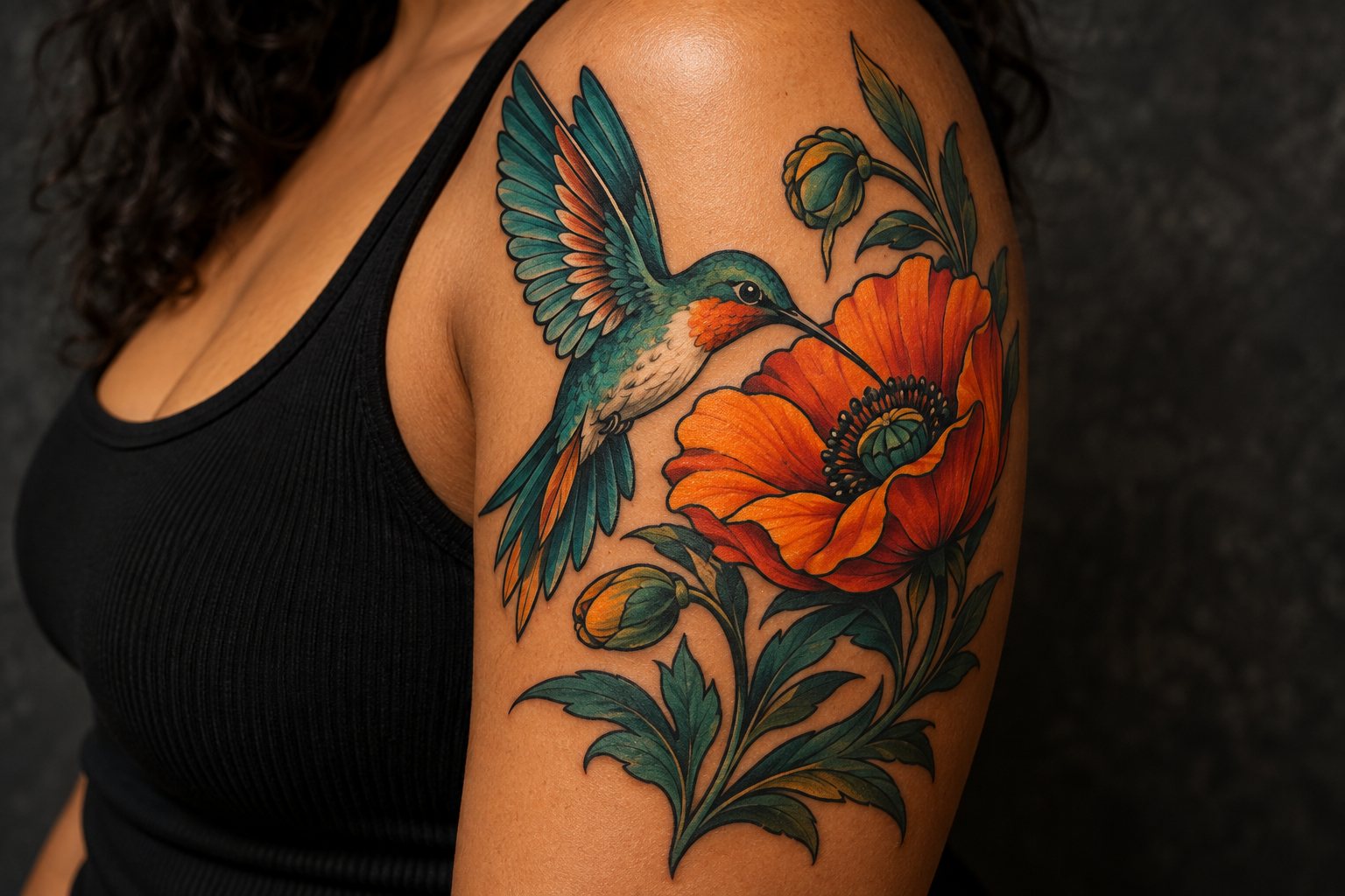 Illustrative hummingbird and orange poppy color tattoo