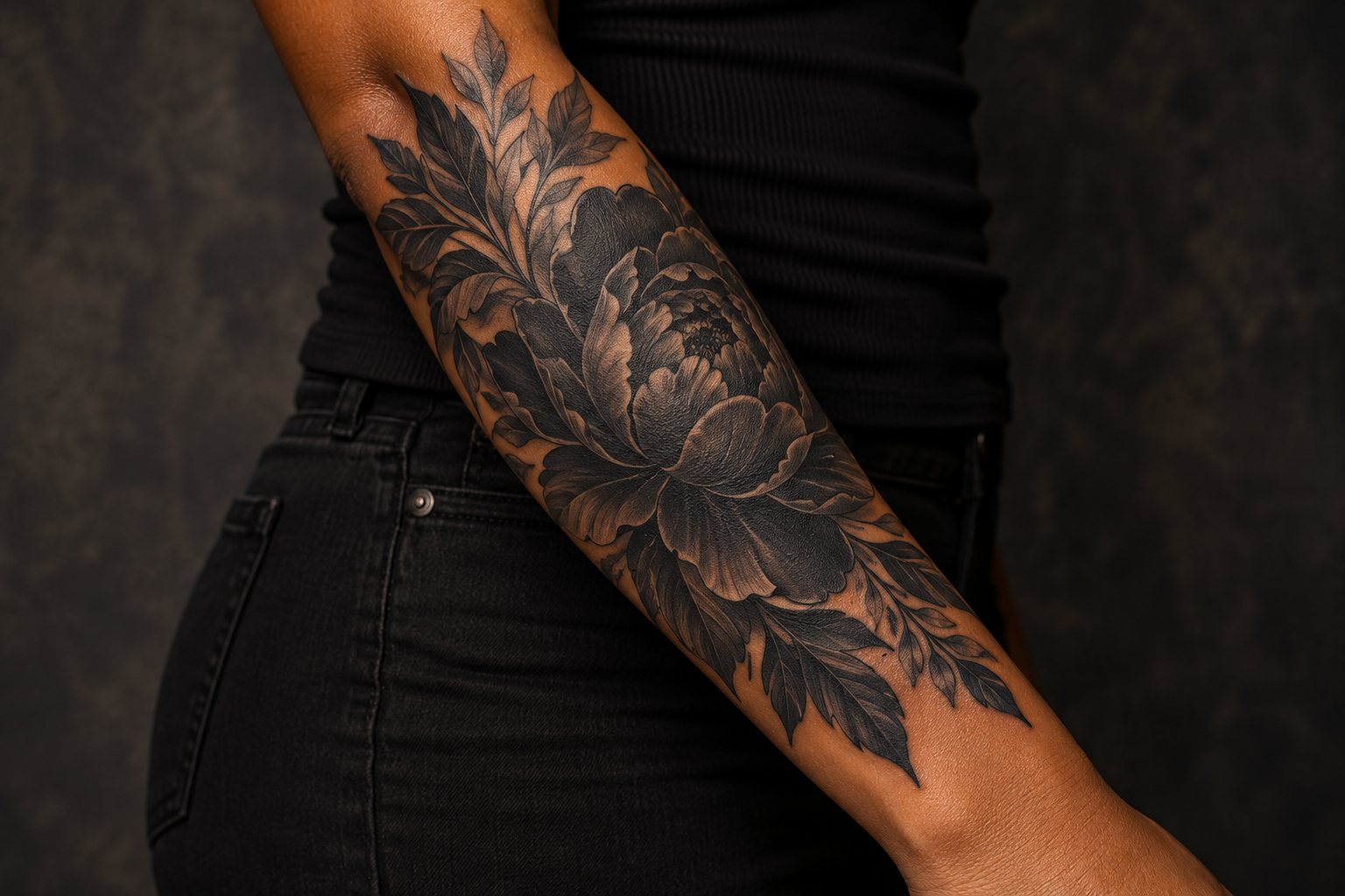 Illustrative dark peony tattoo design