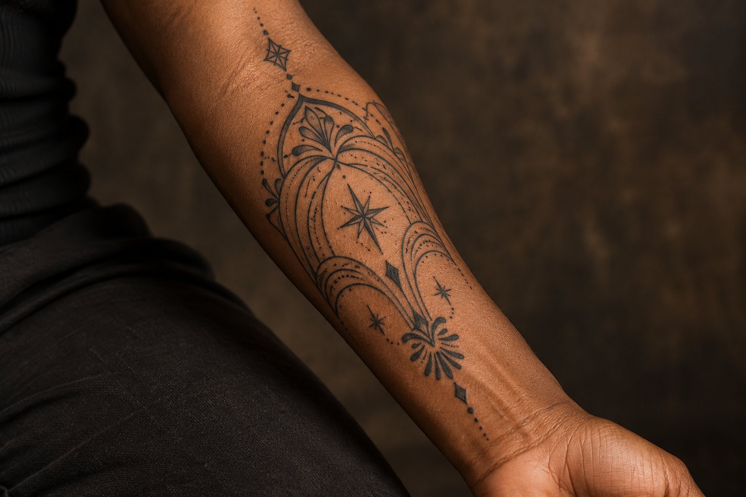 Illustrative ornamental geometric blackwork tattoo