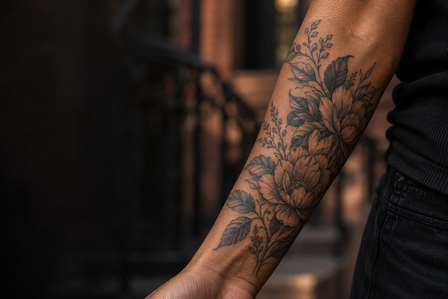 Botanical tattoo on a forearm, an illustrative Bed-Stuy design