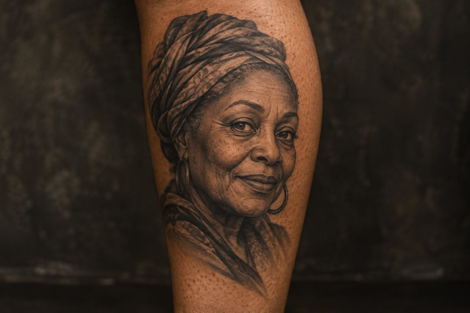 Illustrative black and grey portrait tattoo